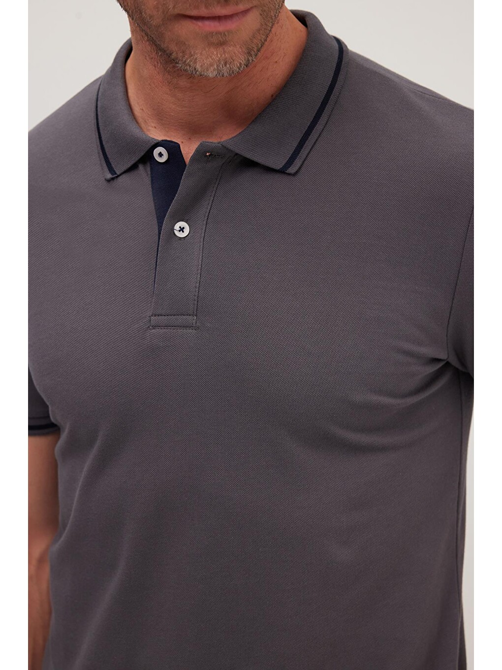 Gri Erkek Slim Fit Dar Kesim %100 Pamuk Yumuşak Dokulu Serin Tutan Kumaş Düz Pike Füme Polo Yaka Tişört-3