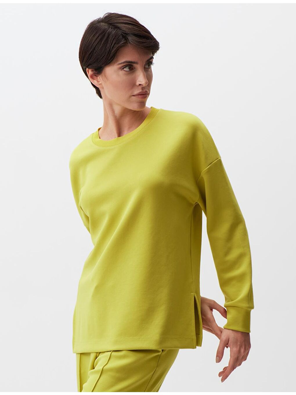 Sarı Limoni Bisiklet Yaka Uzun Kollu Oversize Sweatshirt-2