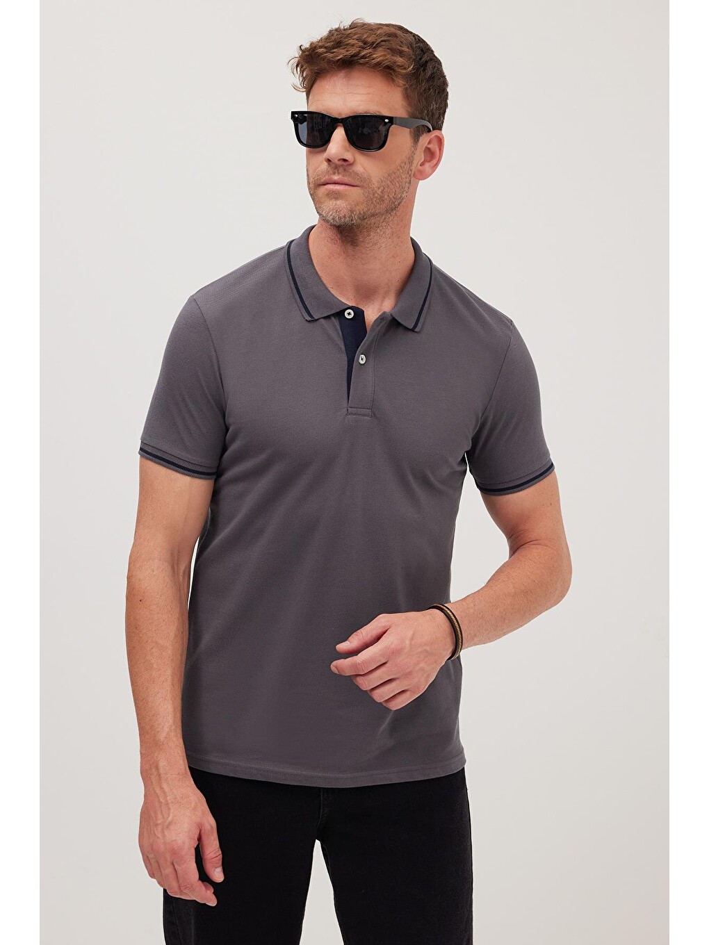 Gri Erkek Slim Fit Dar Kesim %100 Pamuk Yumuşak Dokulu Serin Tutan Kumaş Düz Pike Füme Polo Yaka Tişört-6