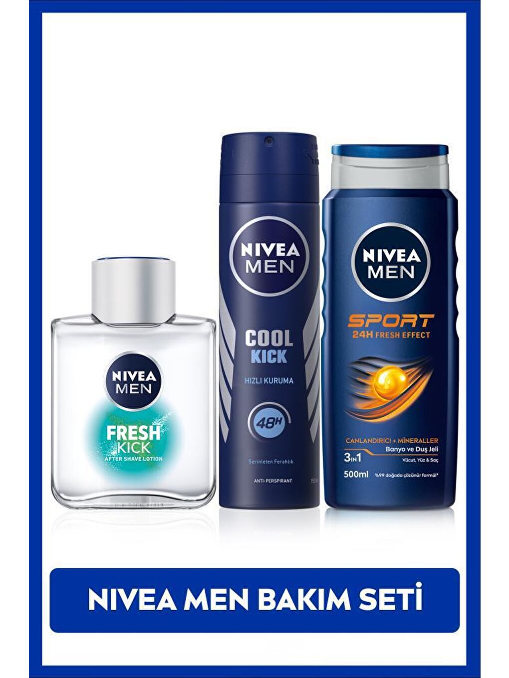 NIVEA Şeffaf Erkek Cool Kick Fresh Sprey Deodorant 150ml, Kick Fresh Tıraş Sonrası Losyon, Sport Duş Jeli 500ml