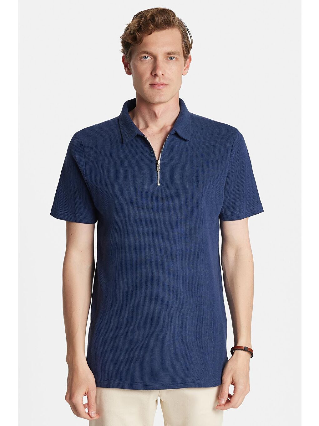 Erkek Slim Fit Dar Kesim %100 Pamuk Fermuarlı Lacivert Polo Yaka Tişört