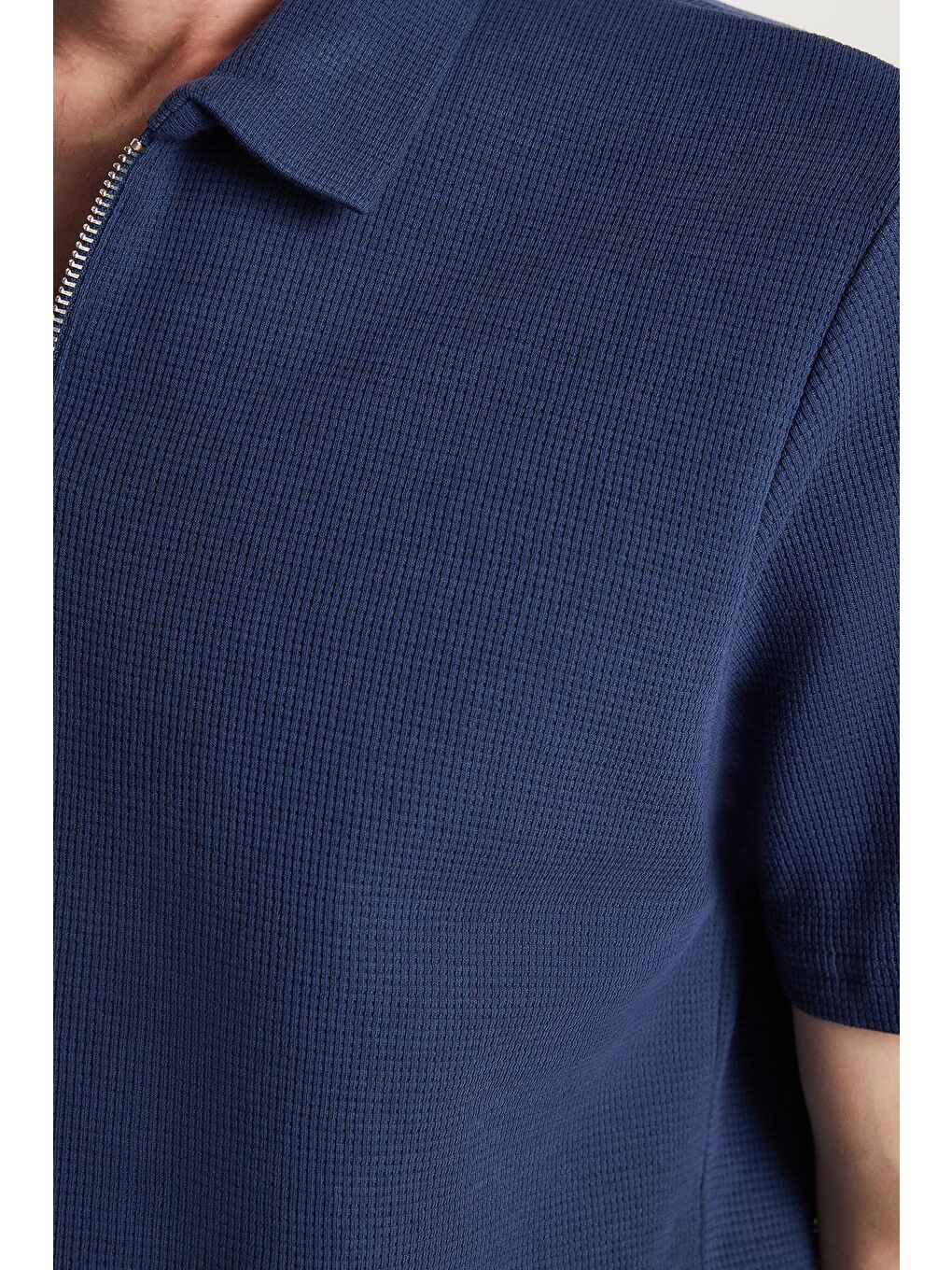 Erkek Slim Fit Dar Kesim %100 Pamuk Fermuarlı Lacivert Polo Yaka Tişört-2
