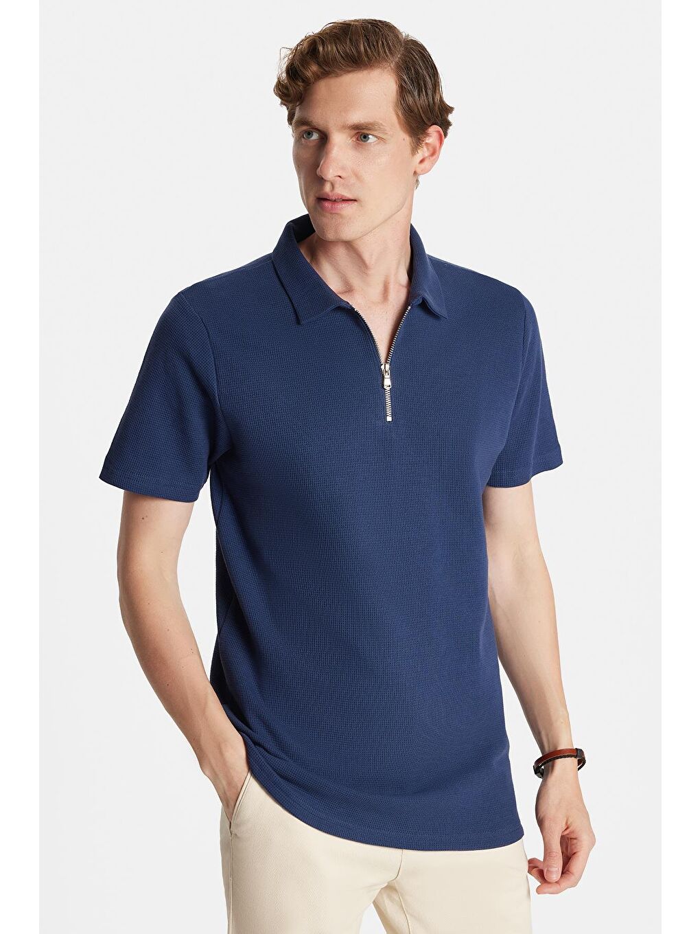 Erkek Slim Fit Dar Kesim %100 Pamuk Fermuarlı Lacivert Polo Yaka Tişört-3