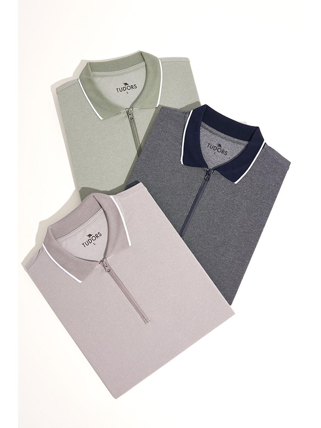 Karışık Erkek 3'Lü Paket Mint-Gri-Lacivert Slim Fit Pamuklu Düz Fermuarlı Pike Polo Yaka Tişört