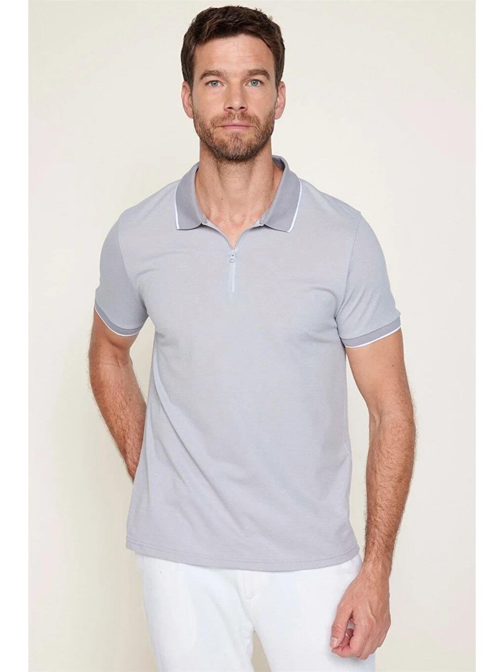 Karışık Erkek 3'Lü Paket Mint-Gri-Lacivert Slim Fit Pamuklu Düz Fermuarlı Pike Polo Yaka Tişört-2