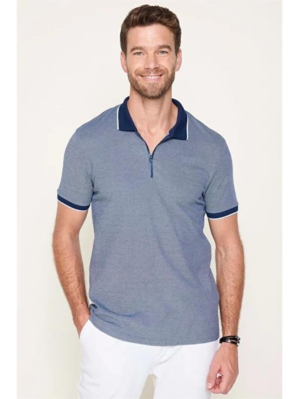 Karışık Erkek 3'Lü Paket Mint-Gri-Lacivert Slim Fit Pamuklu Düz Fermuarlı Pike Polo Yaka Tişört-3