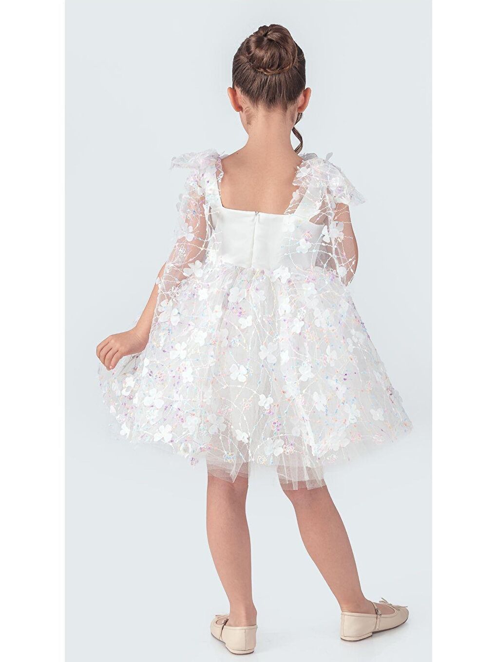 Beyaz Çiçek Brode Desen İmeros Kız Abiye M00736-2