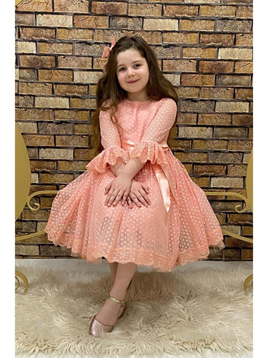 Pembe Dantel Tokalı Kız Çocuk Elbise-1