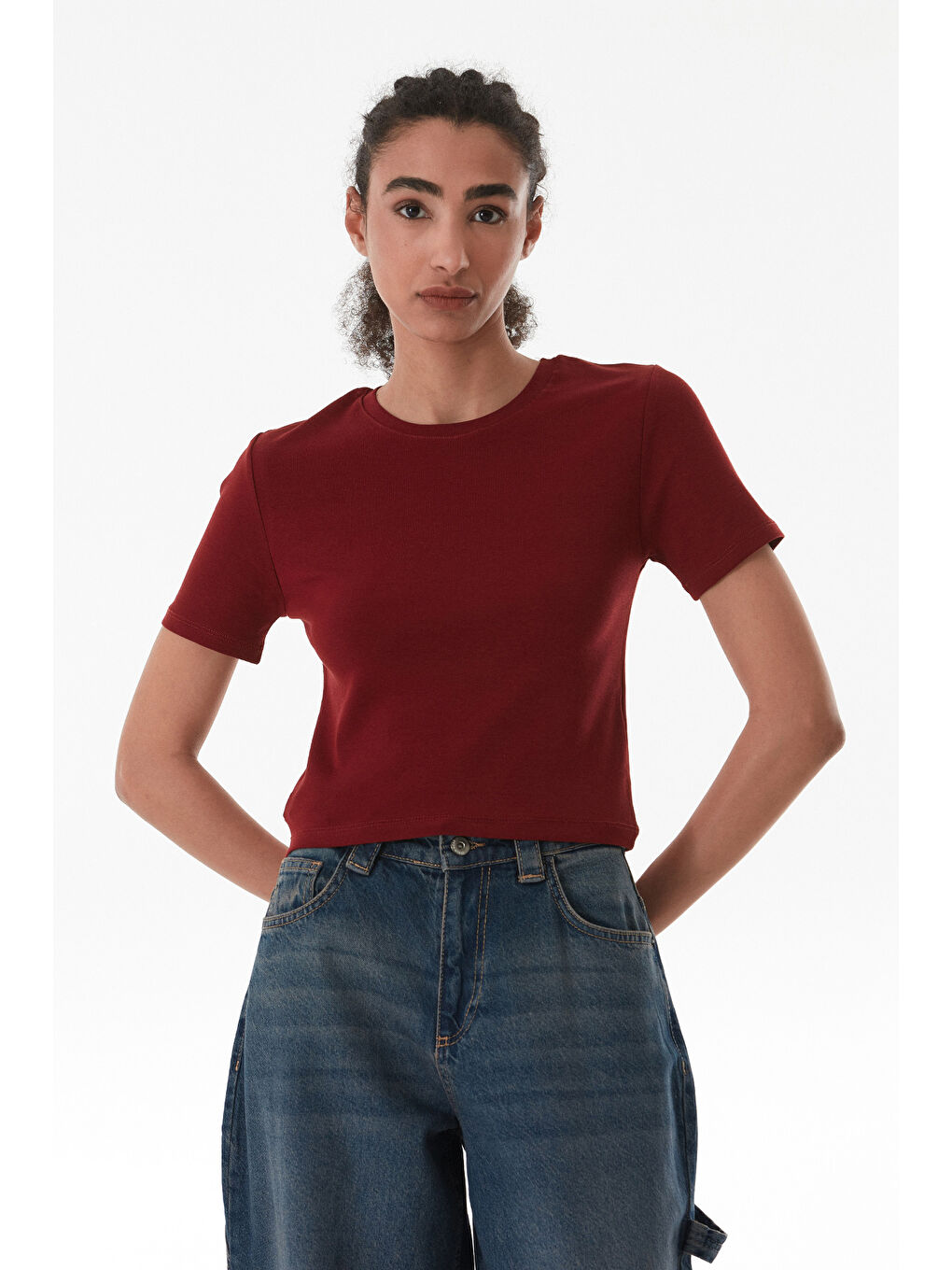 Bordo Basic Bisiklet Yaka Crop Tişört