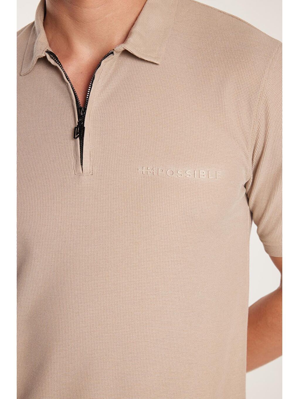 Bej Erkek Standart Fit Normal Kesim Pamuklu Fermuarlı Baskılı Basic Taş Polo Yaka Tişört-2