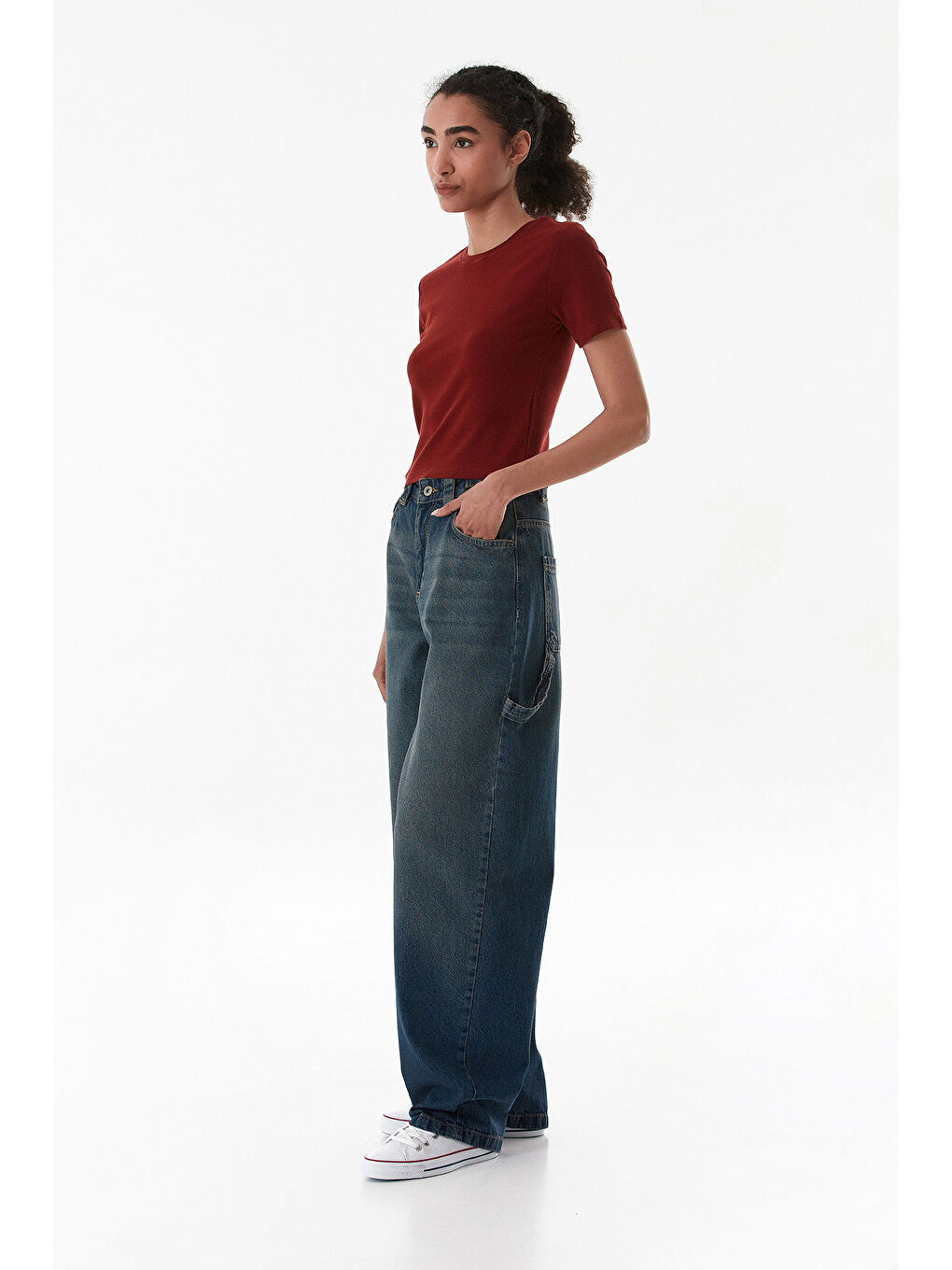 Bordo Basic Bisiklet Yaka Crop Tişört-1