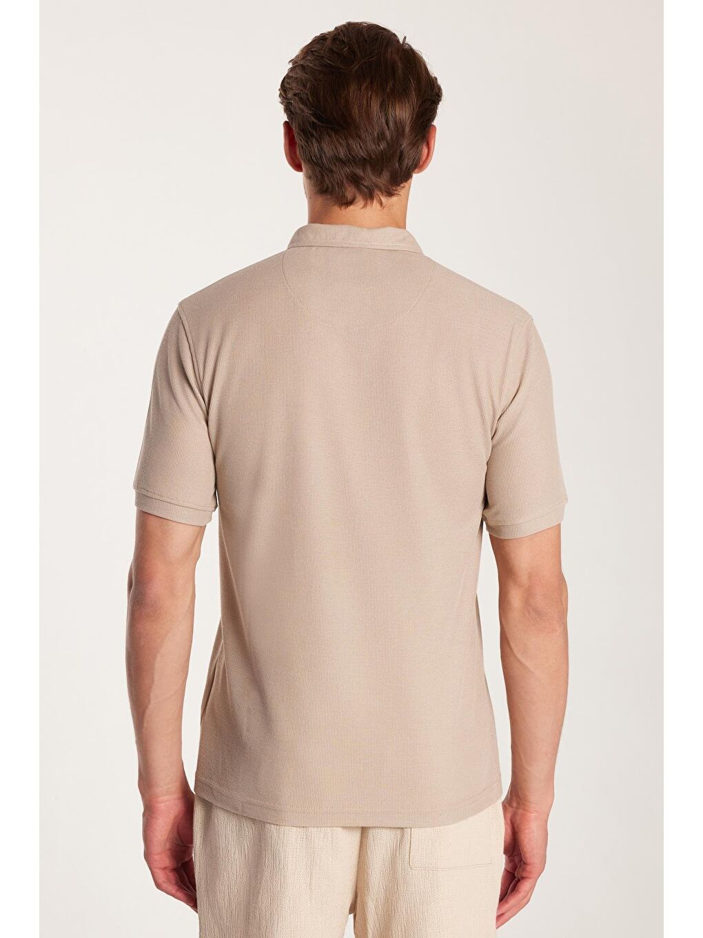 Bej Erkek Standart Fit Normal Kesim Pamuklu Fermuarlı Baskılı Basic Taş Polo Yaka Tişört-4