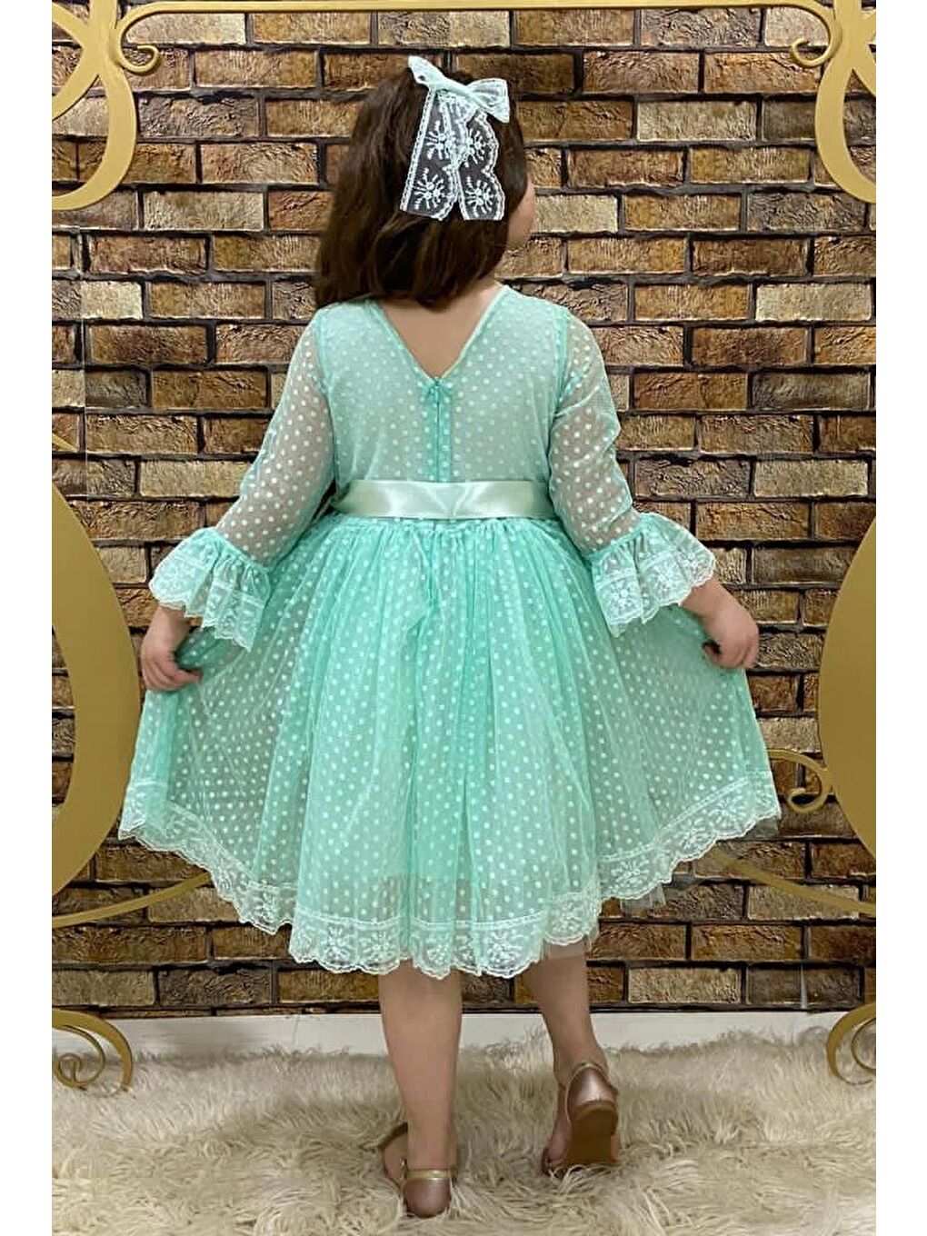 Yeşil Dantel Tokalı Kız Çocuk Elbise-1