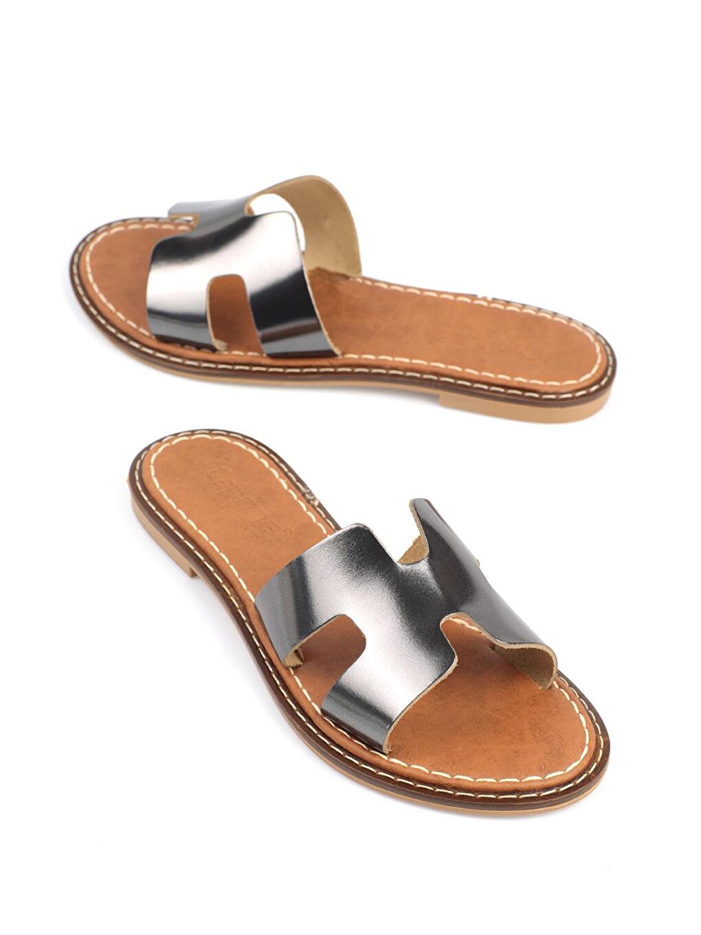 Gri H Bantlı Kadın Deri Terlik-1