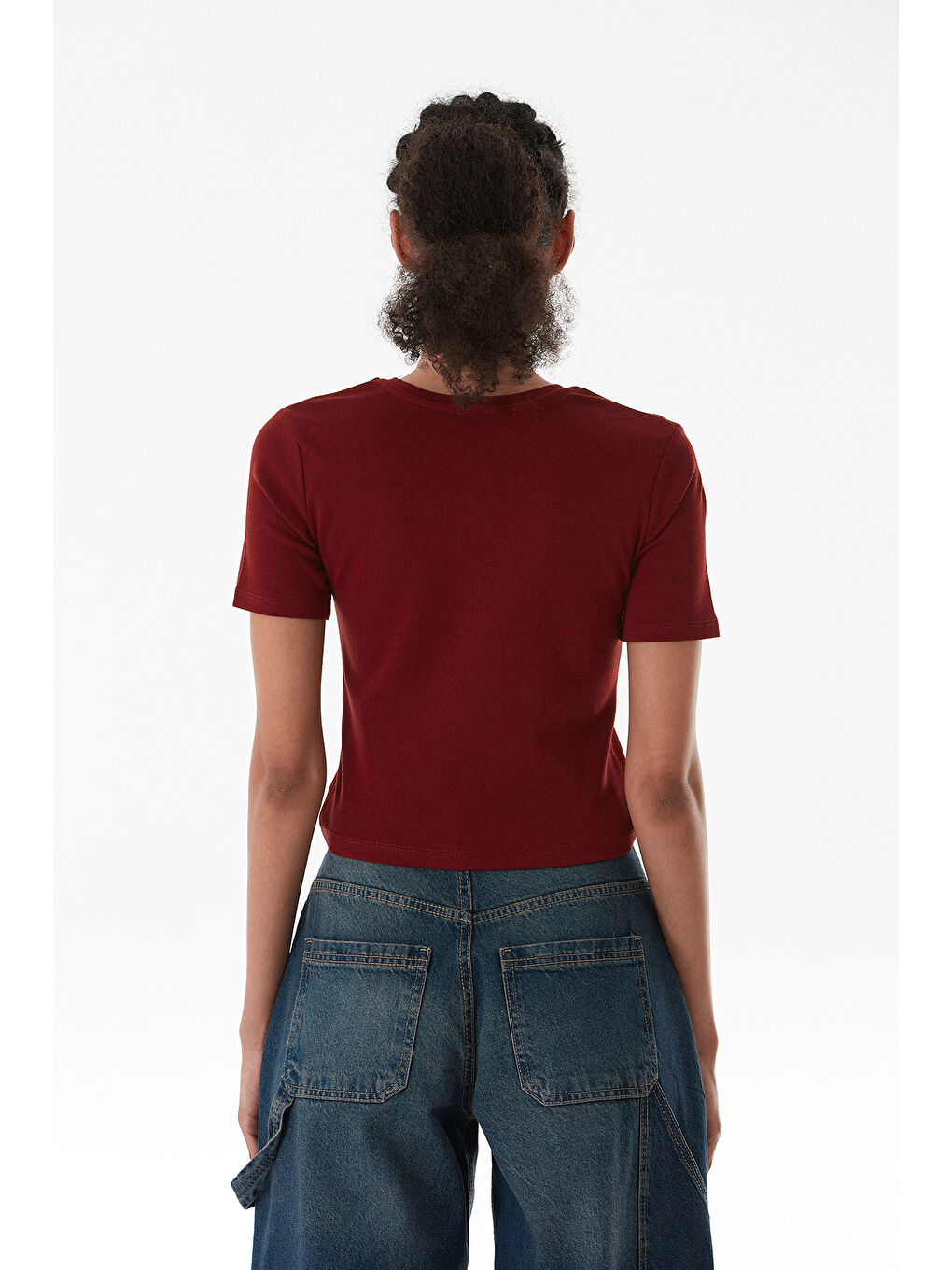 Bordo Basic Bisiklet Yaka Crop Tişört-2