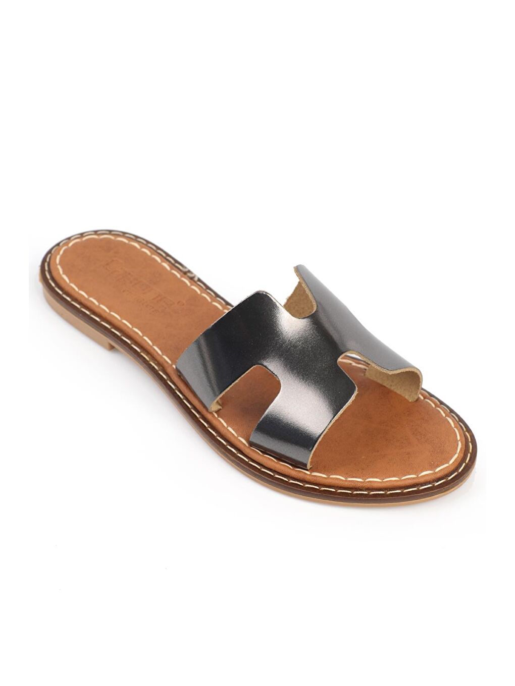 Gri H Bantlı Kadın Deri Terlik-3