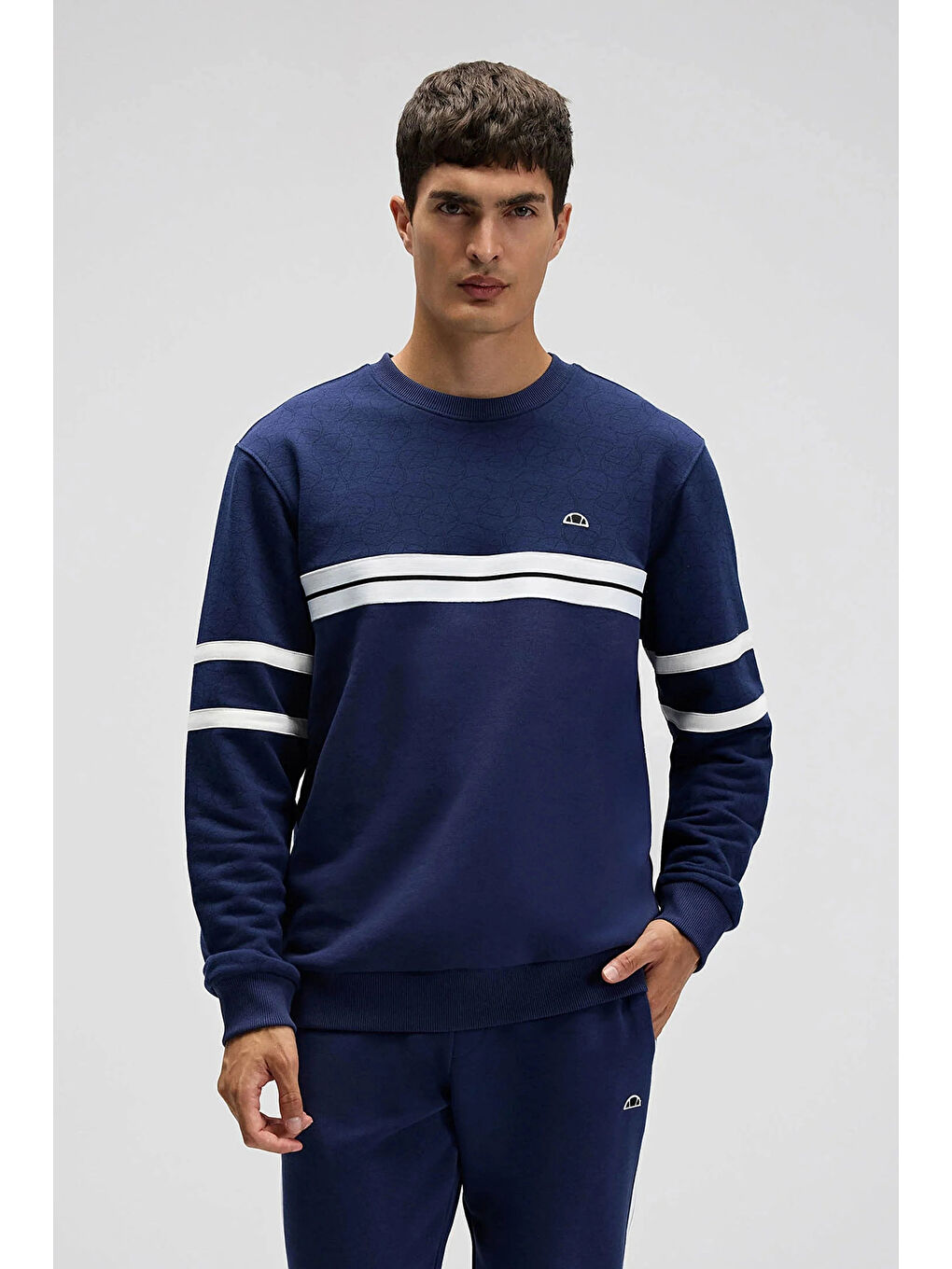 Lacivert Pamuklu Regular Fit Bisiklet Yaka Şerit Detaylı Sweat EM618-NV