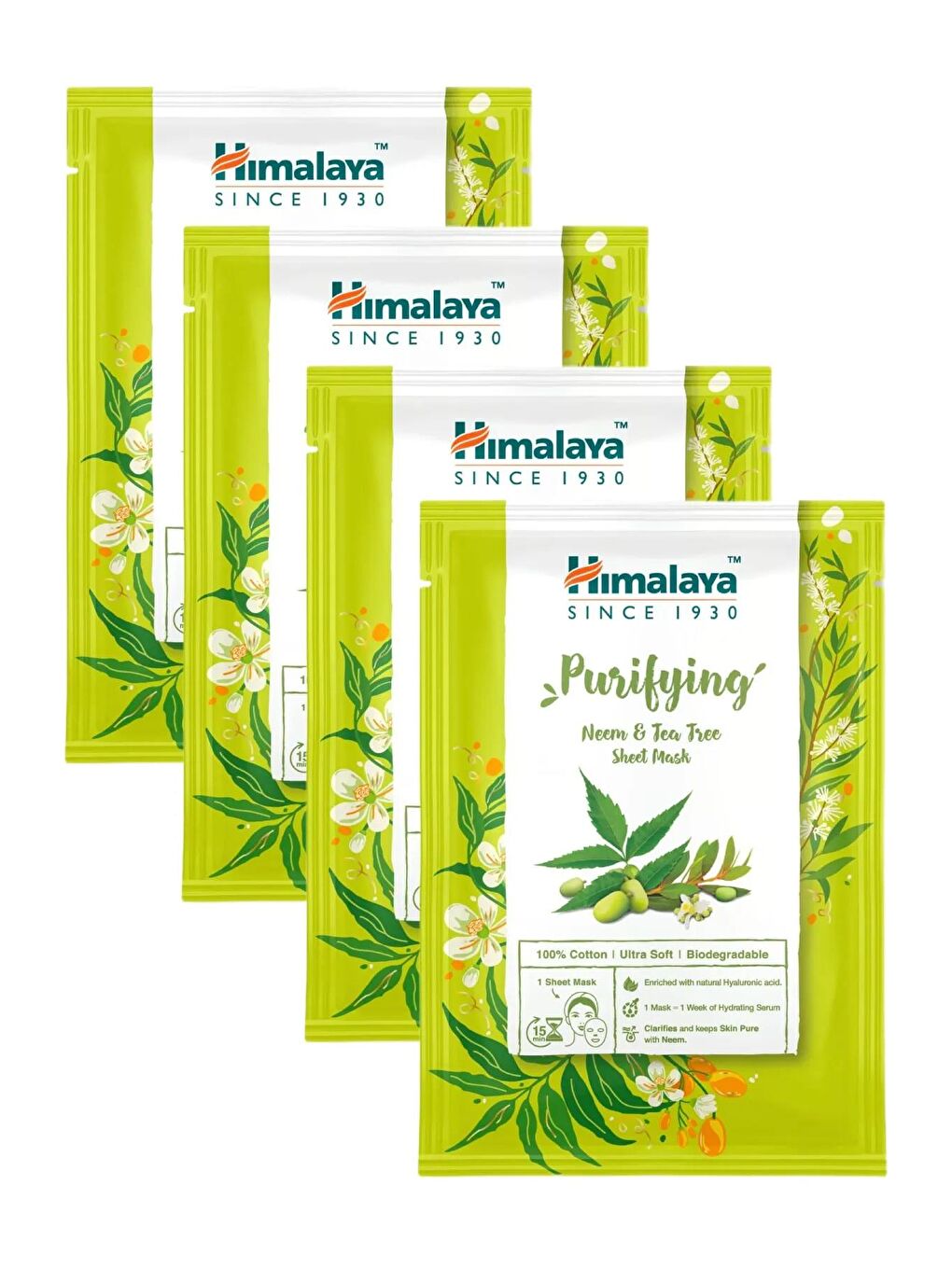 Himalaya Since 1930 Arındırıcı Kağıt Maske, Neem, Çay Ağacı, Hyaluronik Asit, %100 Pamuk, Tüm Ciltler, 30 Gr 4 Adet