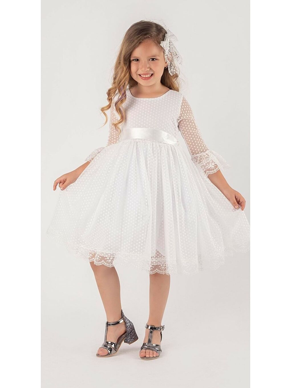 Beyaz Dantel Tokalı Kız Çocuk Elbise-1