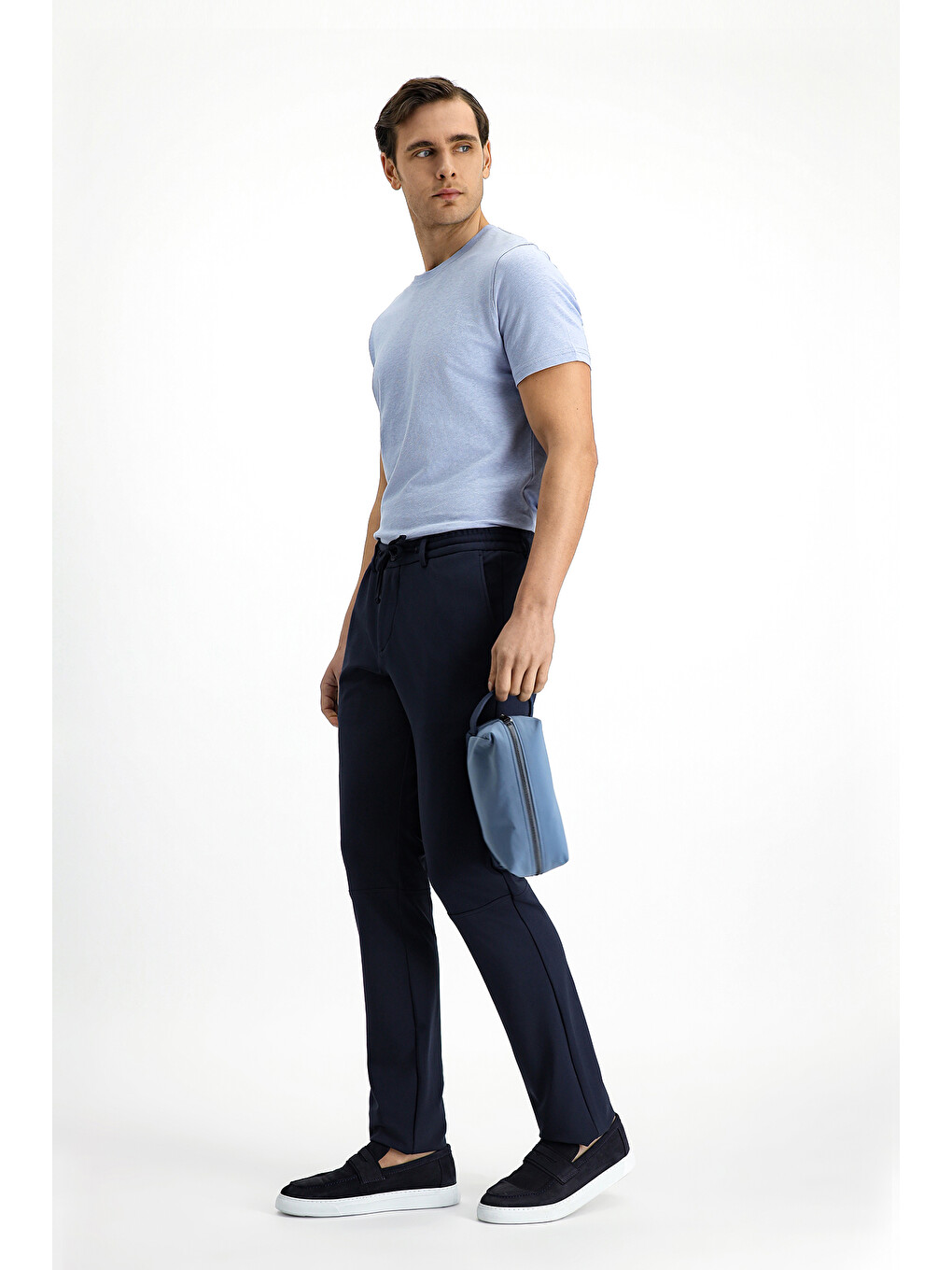 Lacivert Techno-Line Super Slim Fit Ekstra Dar Kesim Elastanlı Beli Lastikli İpli Klasik Kumaş Pantolon-1