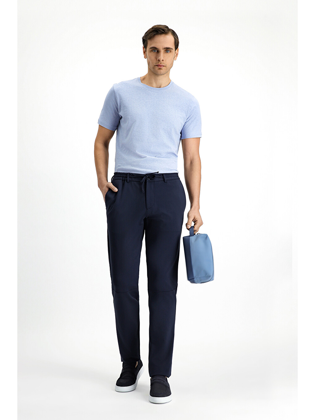 Lacivert Techno-Line Super Slim Fit Ekstra Dar Kesim Elastanlı Beli Lastikli İpli Klasik Kumaş Pantolon-2