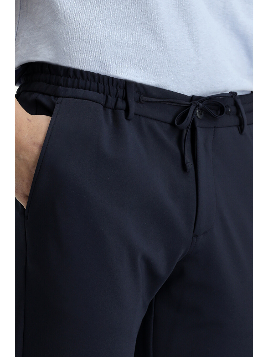 Lacivert Techno-Line Super Slim Fit Ekstra Dar Kesim Elastanlı Beli Lastikli İpli Klasik Kumaş Pantolon-4