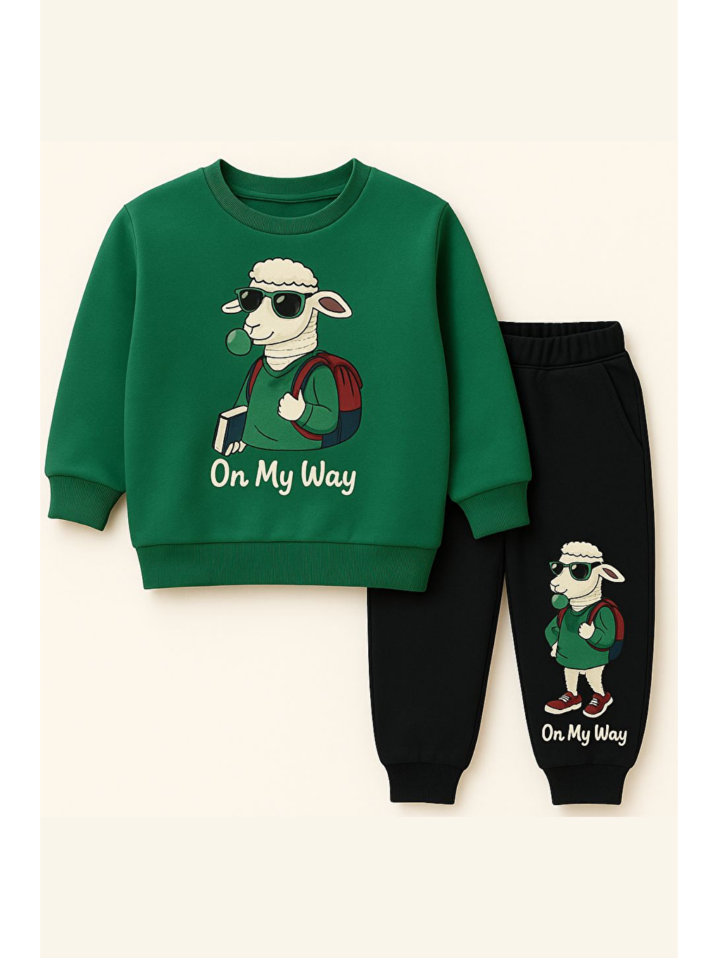 Erkek Çocuk Paçası Kuzu Desenli Eşofman Takımı Yeşil