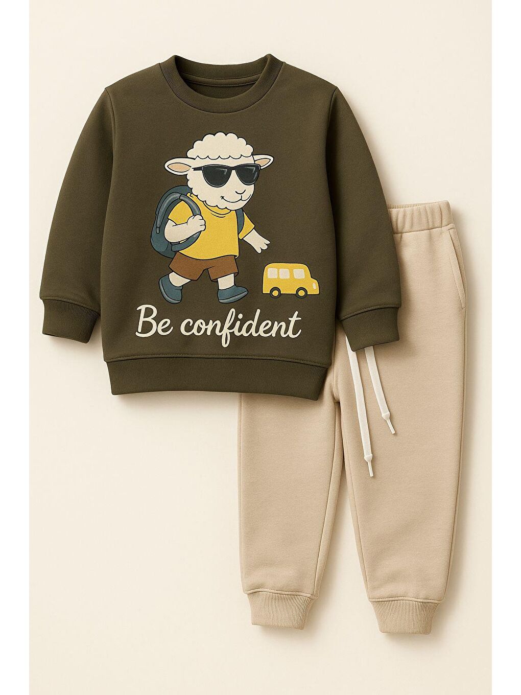 Çocuk Kuzu Baskılı Eşofman Takımı Haki-1