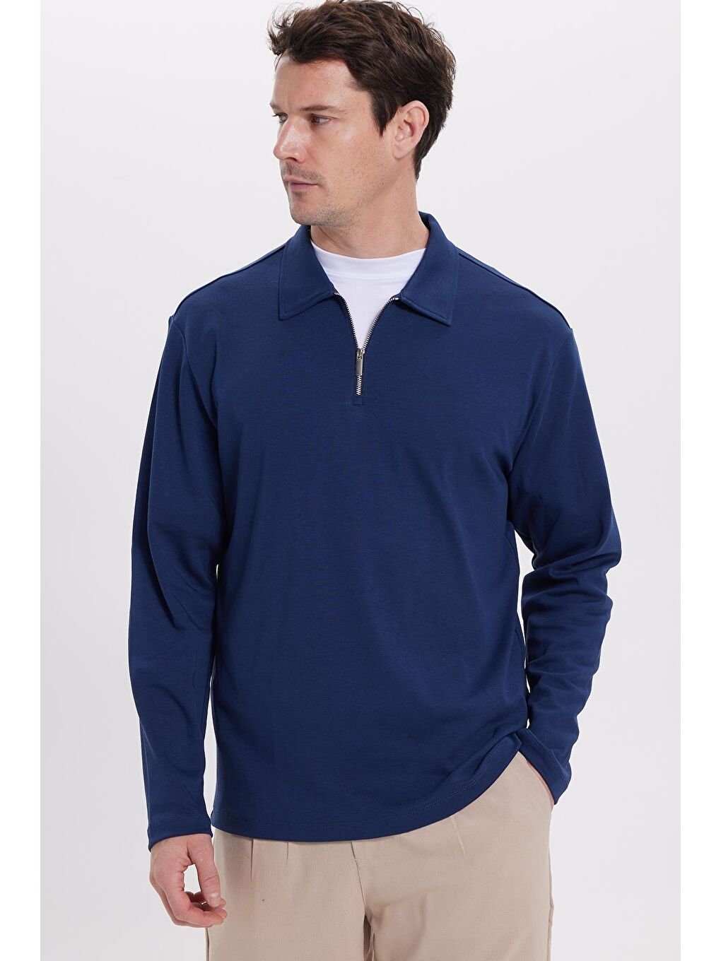 Erkek Relax Fit Rahat Kesim %100 Pamuk Yarım Fermuarlı Polo Yaka İnterlok Lacivert Sweatshirt
