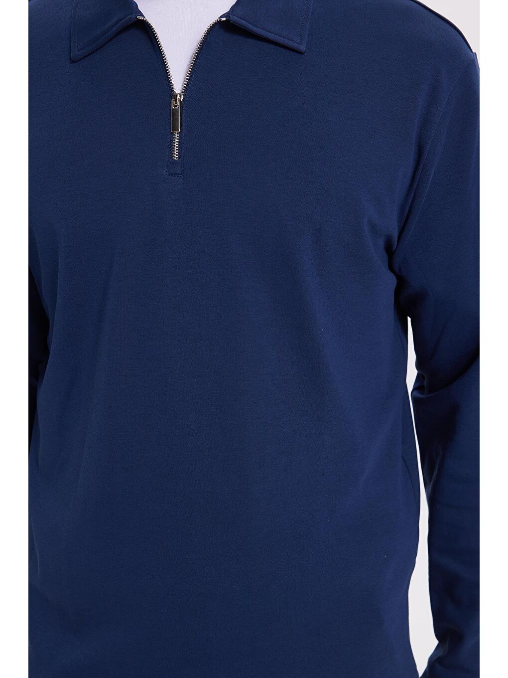 Erkek Relax Fit Rahat Kesim %100 Pamuk Yarım Fermuarlı Polo Yaka İnterlok Lacivert Sweatshirt-2