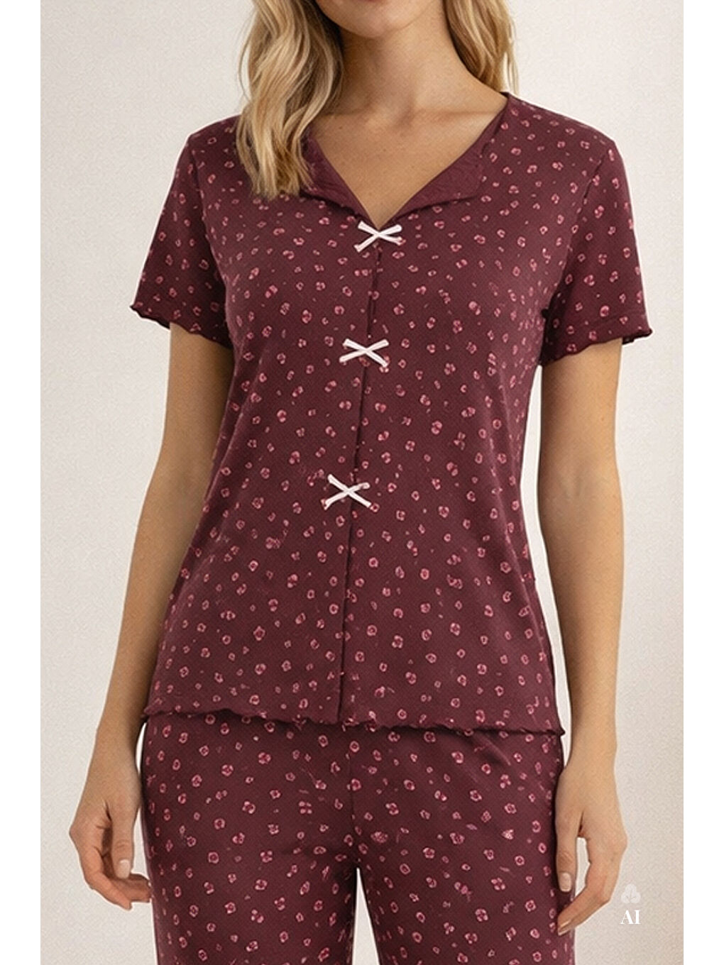 Bordo Kadın Kısa Kollu Fiyonklu Fitilli Pijama Takımı-1