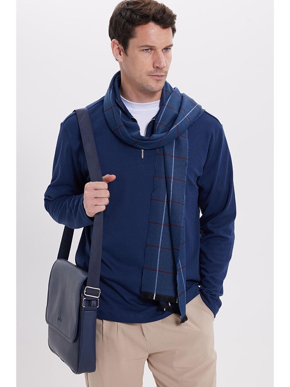 Erkek Relax Fit Rahat Kesim %100 Pamuk Yarım Fermuarlı Polo Yaka İnterlok Lacivert Sweatshirt-5