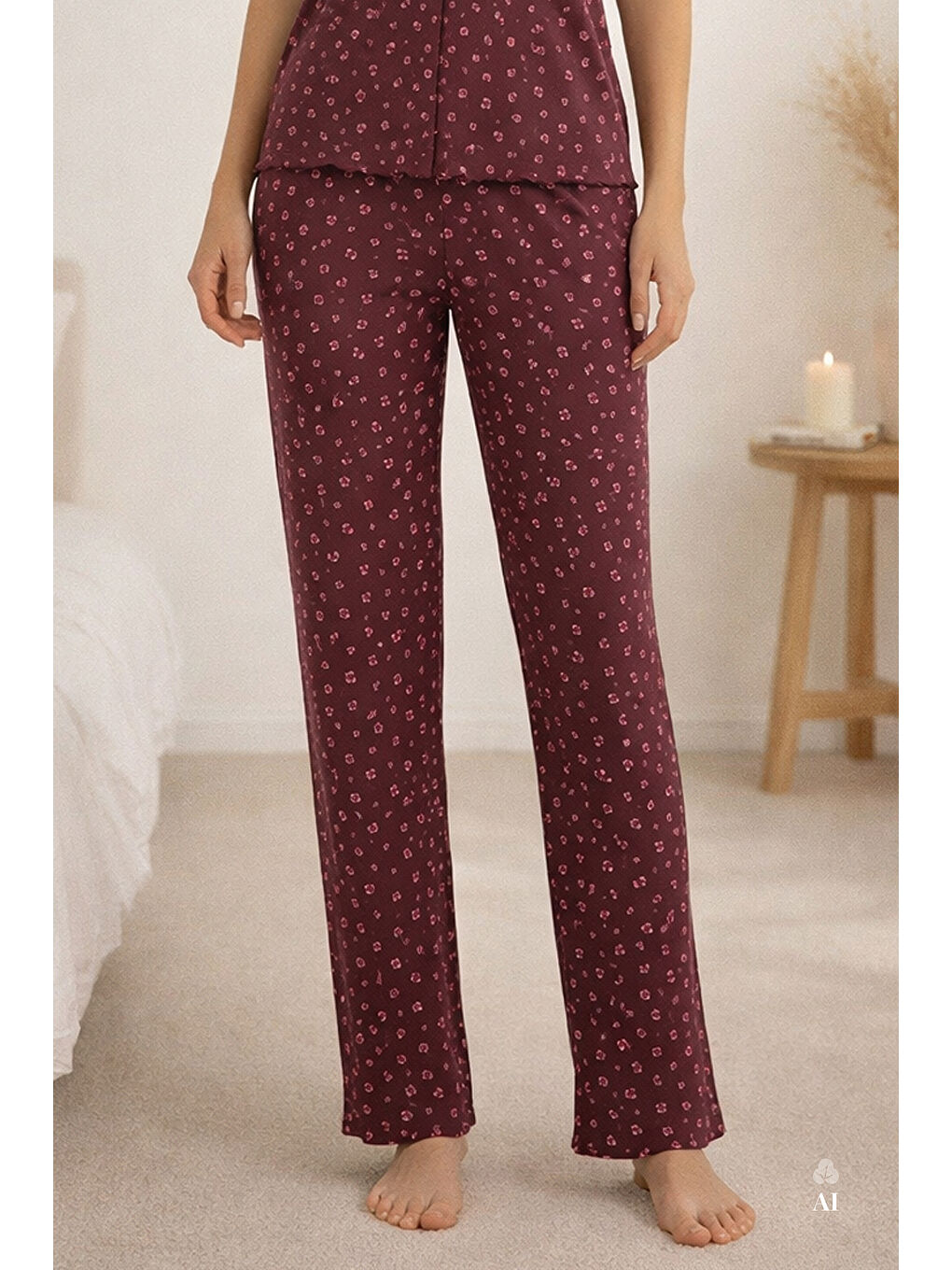 Bordo Kadın Kısa Kollu Fiyonklu Fitilli Pijama Takımı-2