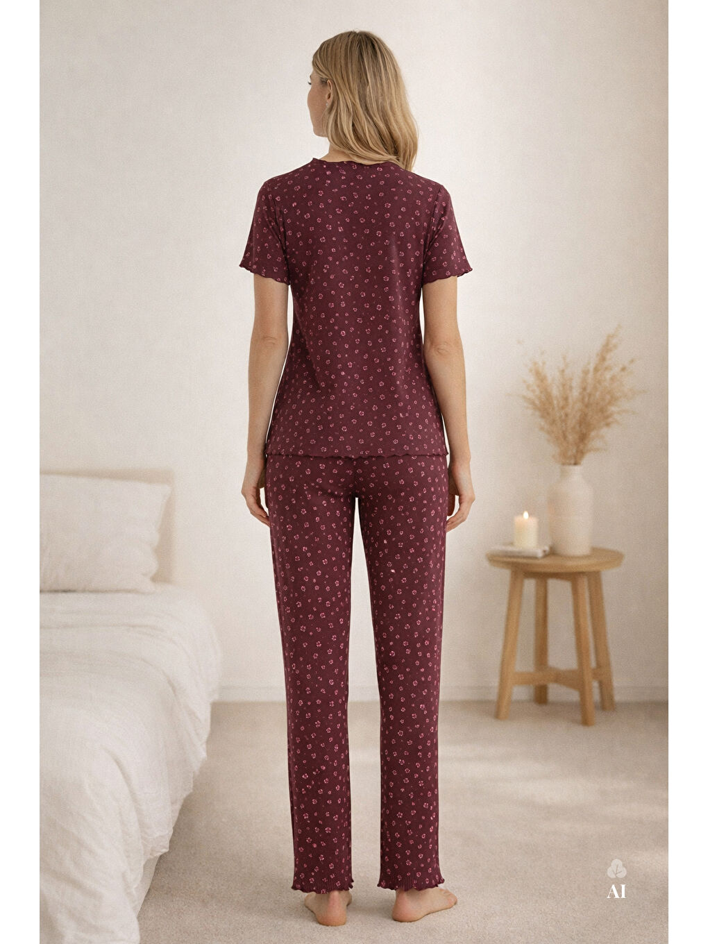 Bordo Kadın Kısa Kollu Fiyonklu Fitilli Pijama Takımı-3