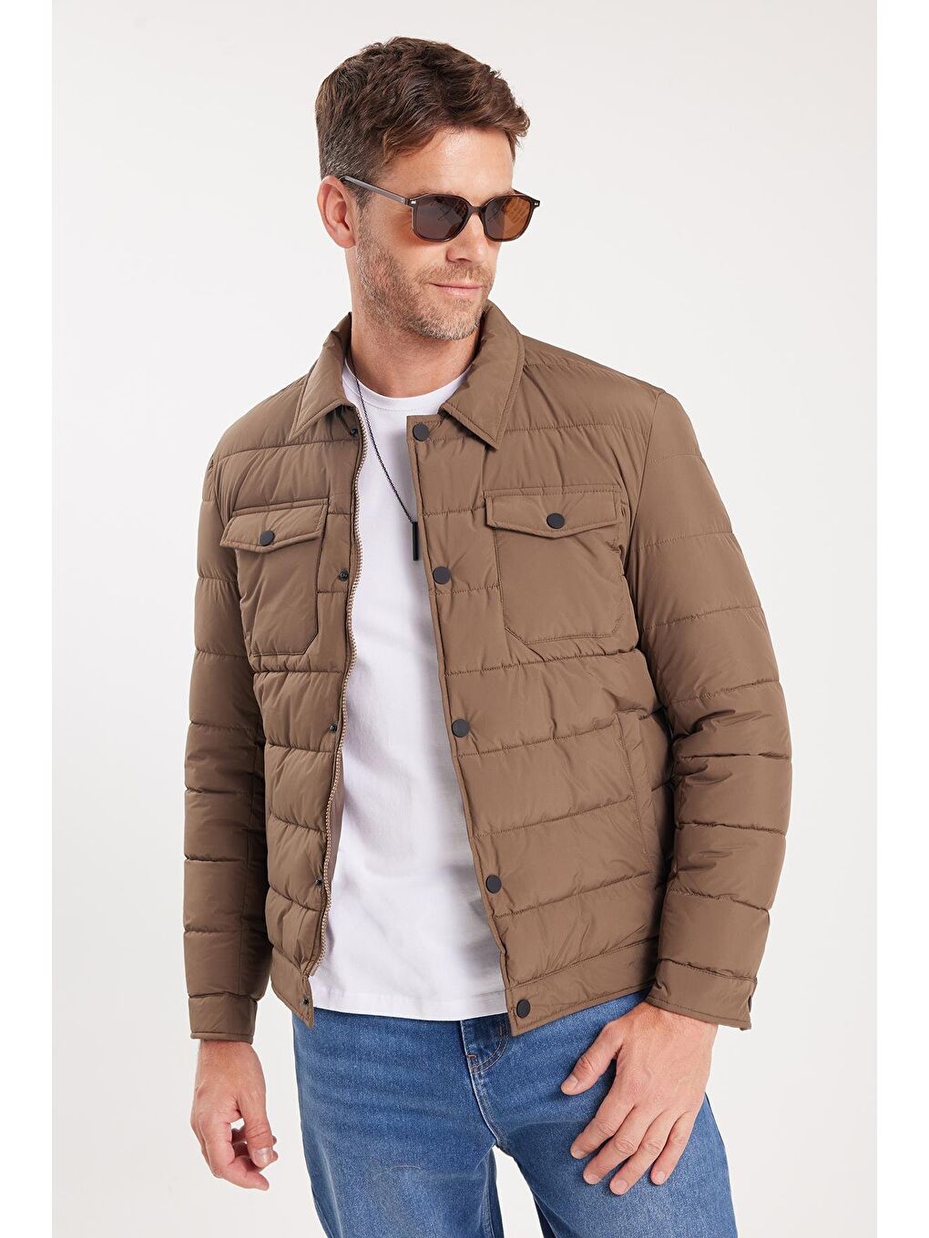 Erkek Regular Fit Klasik Kesim Çift Cepli Çıtçıt Kapamalı Sıcak Tutan Kahverengi Mont