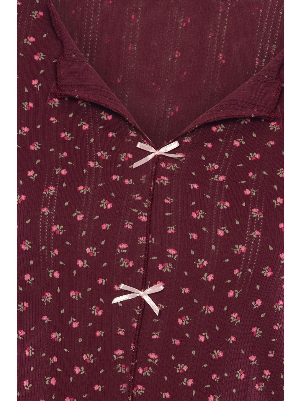Bordo Kadın Kısa Kollu Fiyonklu Fitilli Pijama Takımı-4
