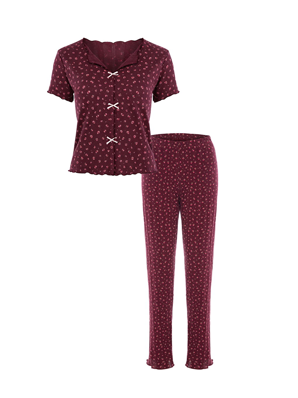 Bordo Kadın Kısa Kollu Fiyonklu Fitilli Pijama Takımı-5