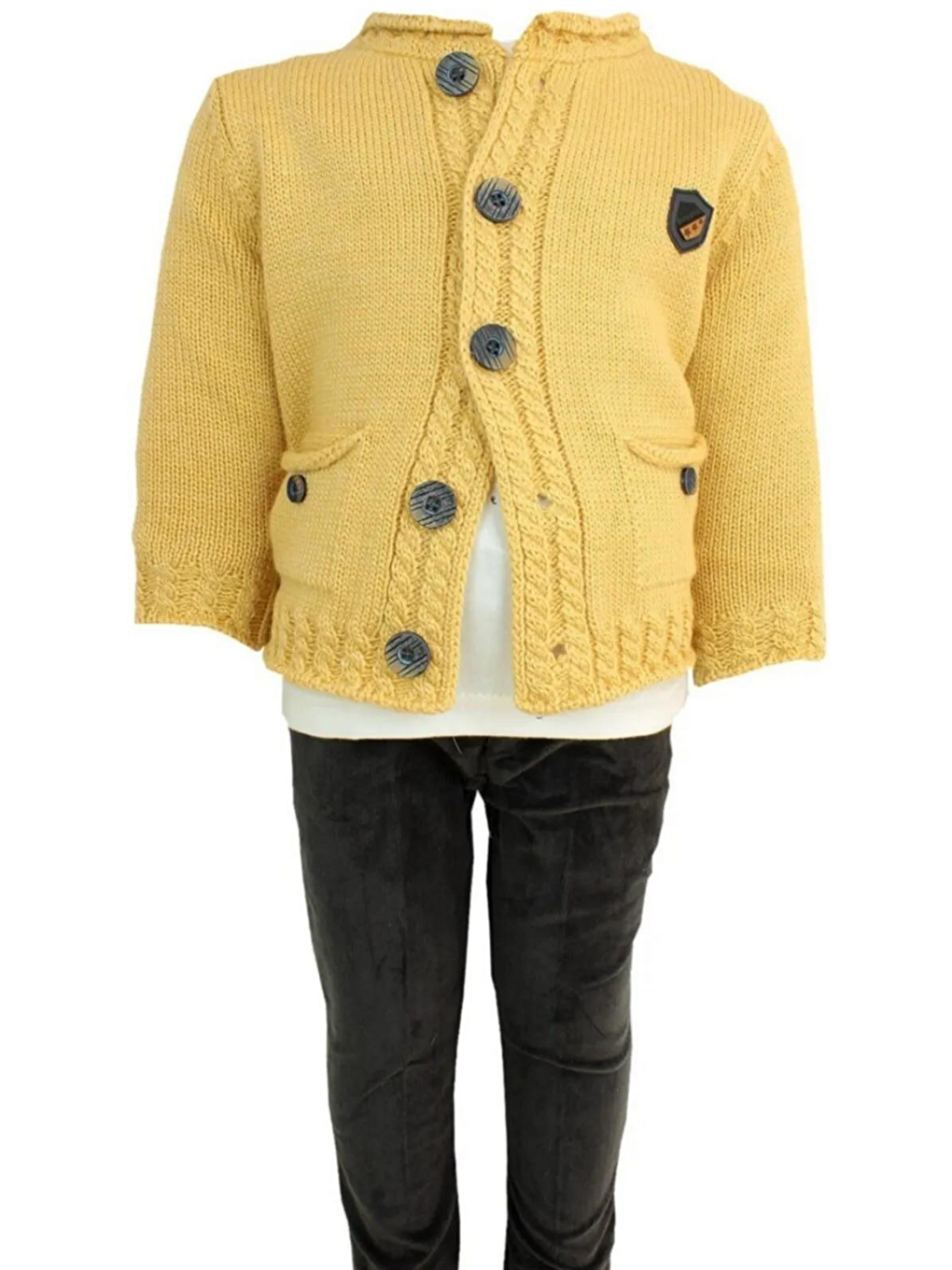 Sarı Erkek Bebek Triko Hırkalı 3 Parça Takım