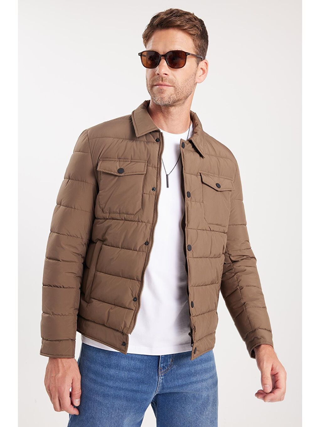 Erkek Regular Fit Klasik Kesim Çift Cepli Çıtçıt Kapamalı Sıcak Tutan Kahverengi Mont-3