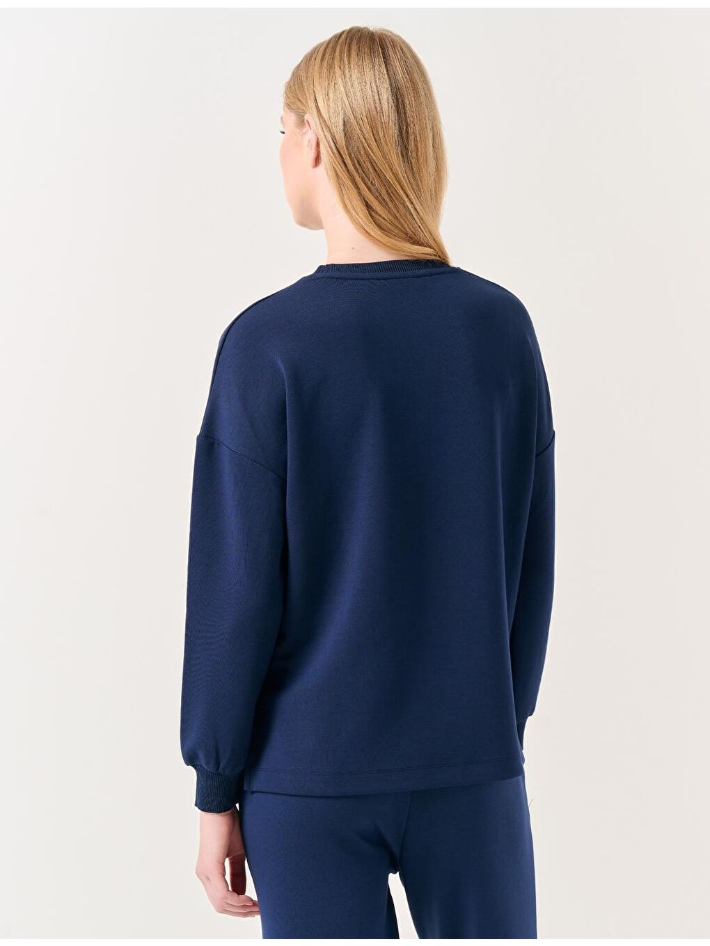 Lacivert Bisiklet Yaka Uzun Kollu Oversize Sweatshirt-6