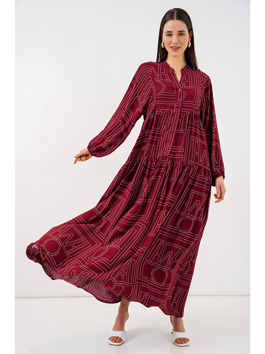 Kadın Desenli Uzun Tesettür Elbise 2585 - B. Bordo-2