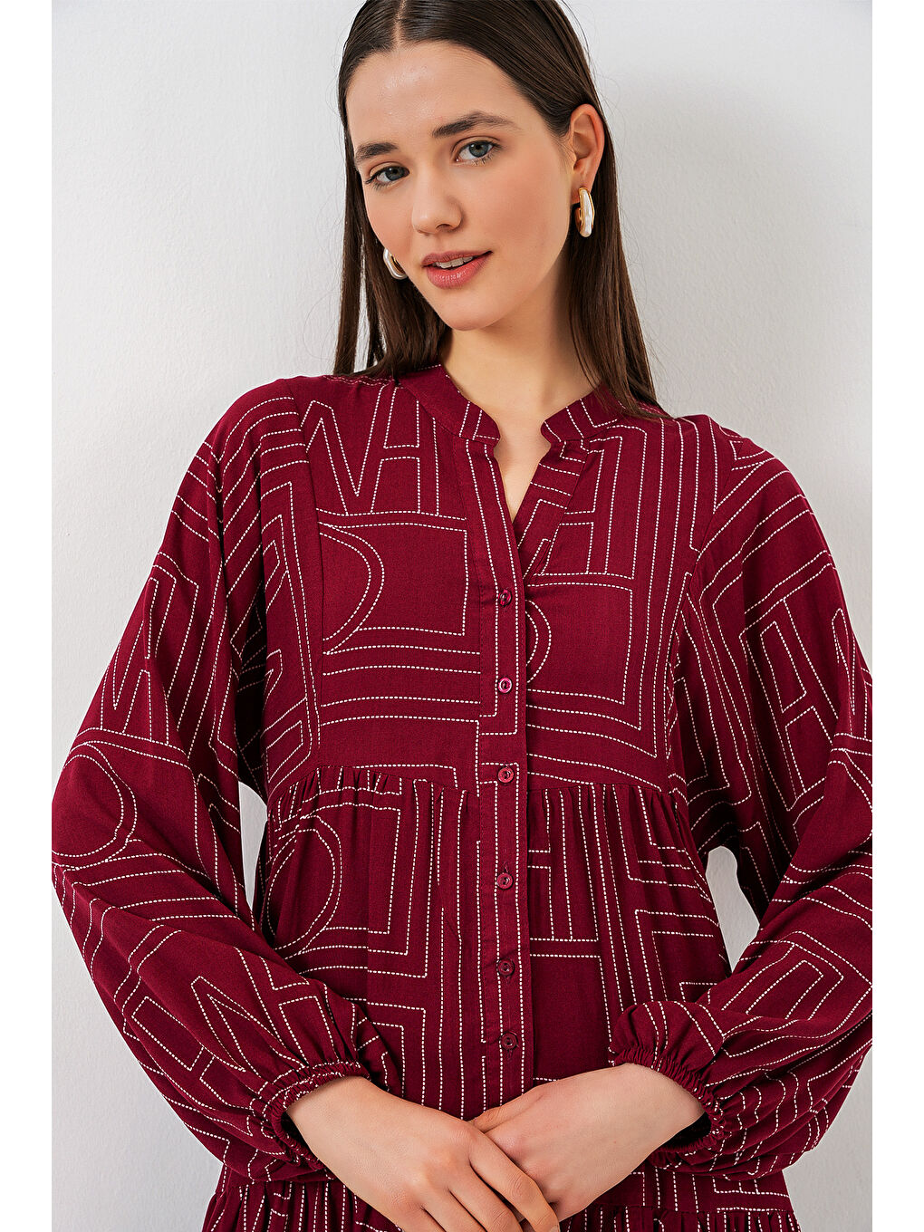 Kadın Desenli Uzun Tesettür Elbise 2585 - B. Bordo-3