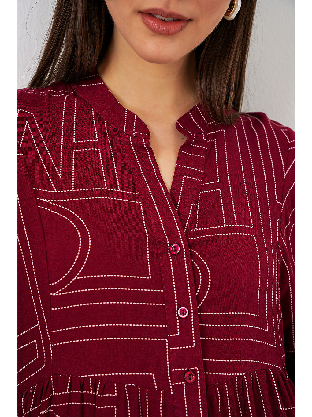 Kadın Desenli Uzun Tesettür Elbise 2585 - B. Bordo-4