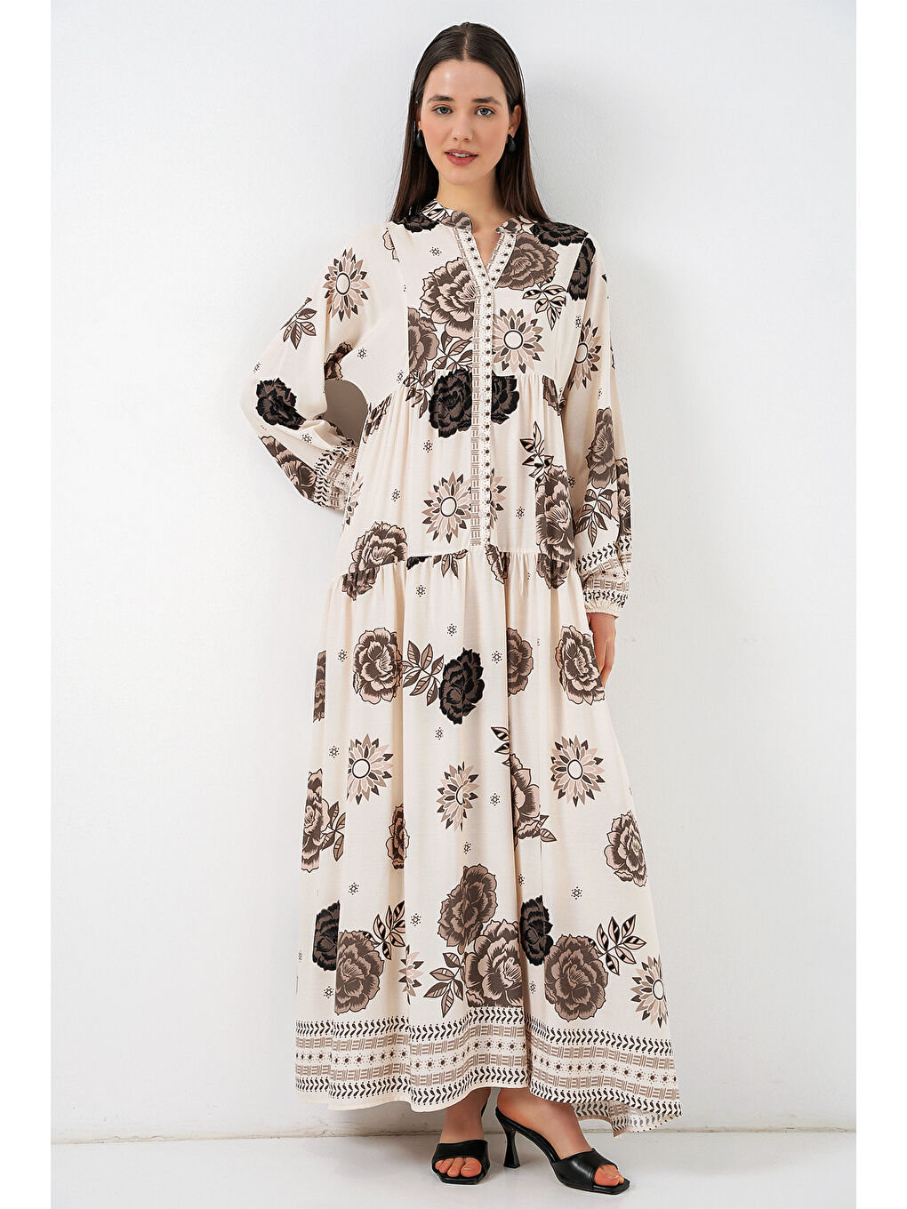 Kadın Desenli Uzun Tesettür Elbise 2585 - F.Bej-2