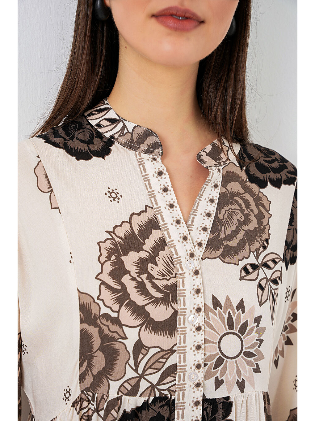 Kadın Desenli Uzun Tesettür Elbise 2585 - F.Bej-3