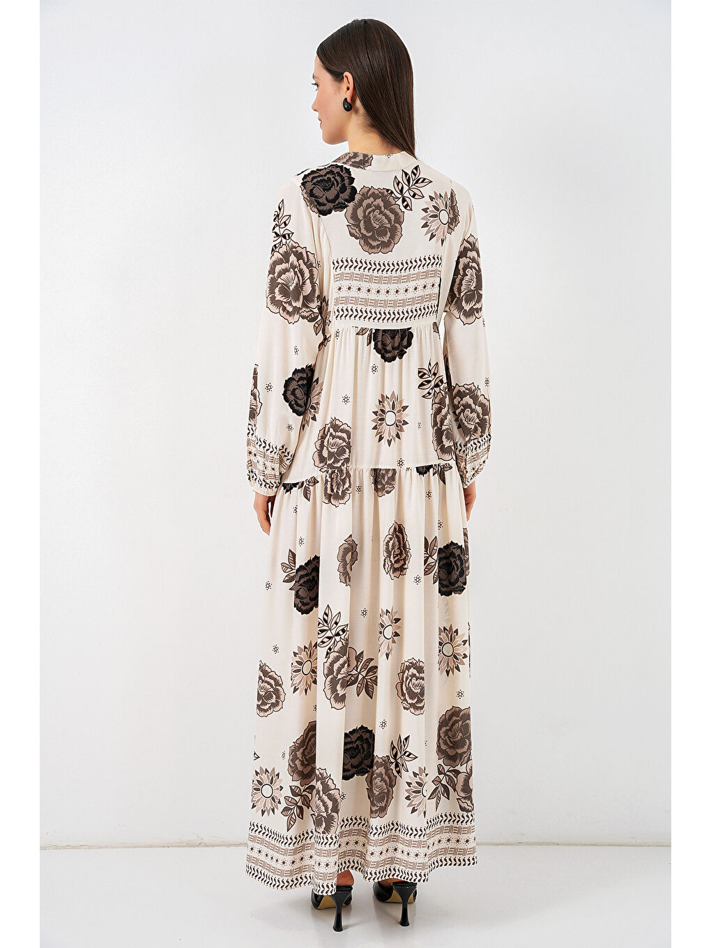 Kadın Desenli Uzun Tesettür Elbise 2585 - F.Bej-4