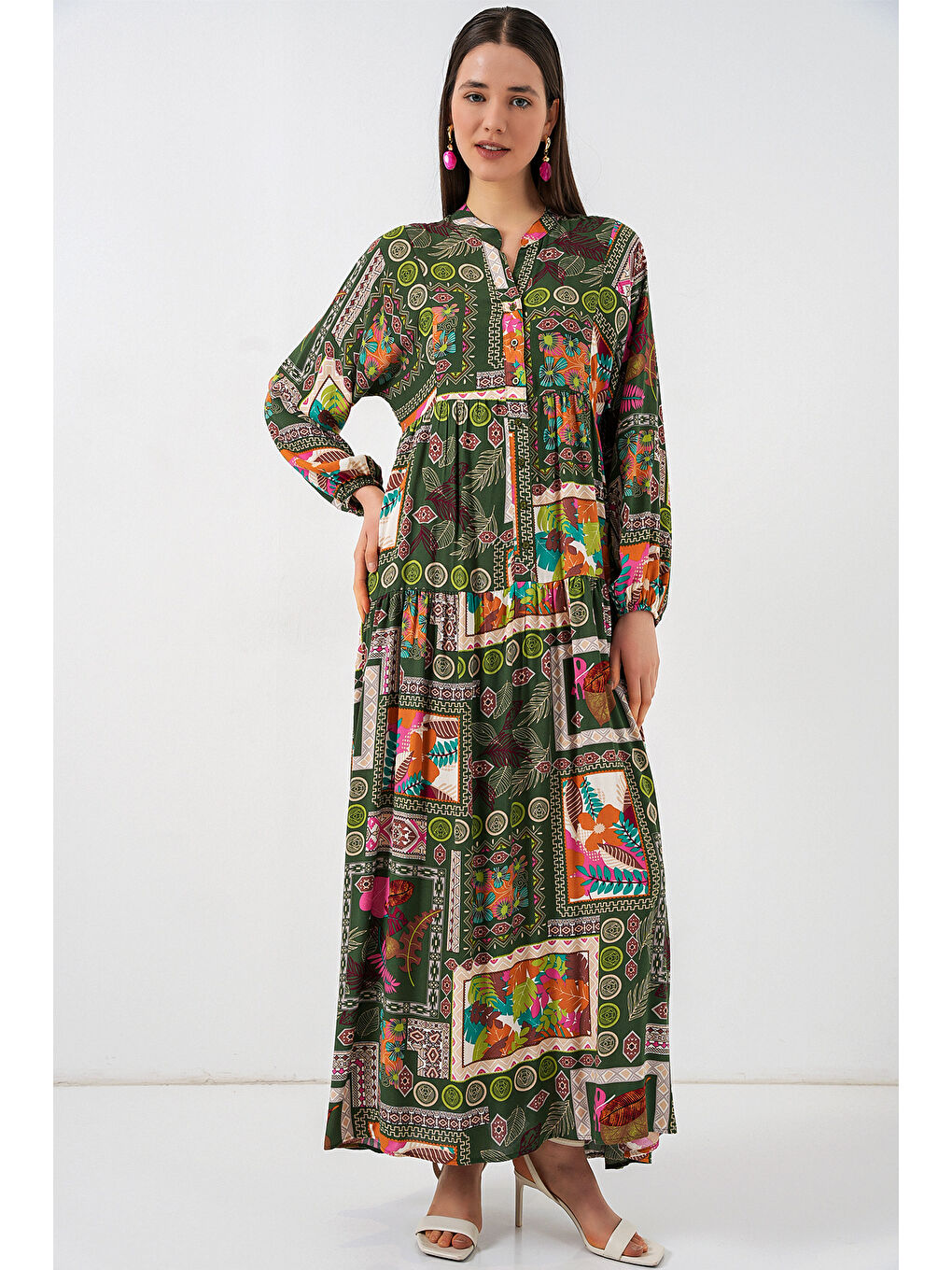 Kadın Desenli Uzun Tesettür Elbise 2585 - Koyu Yeşill-1