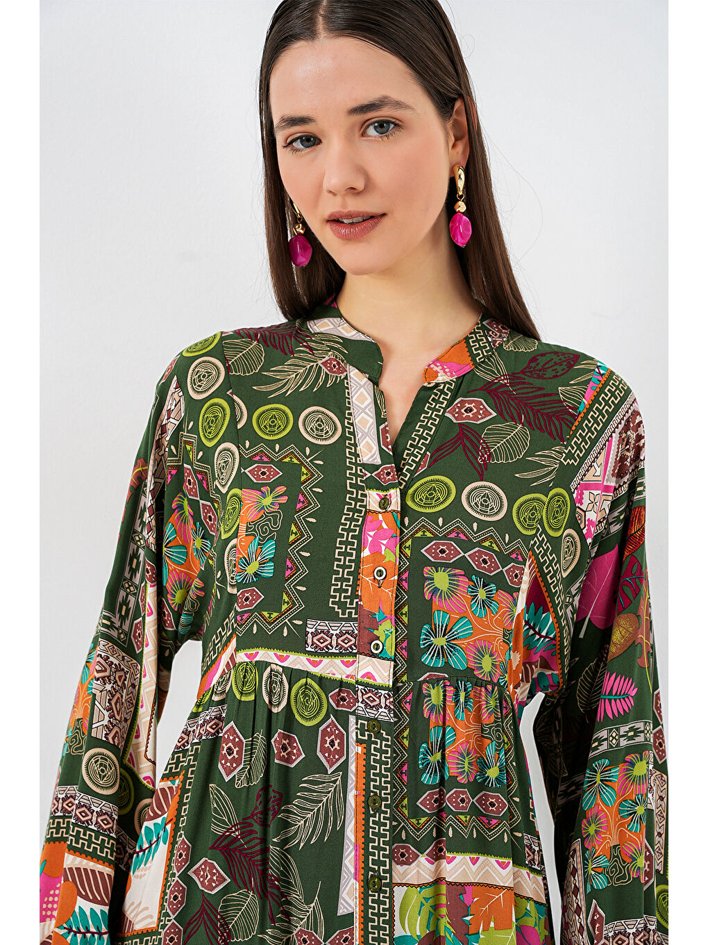 Kadın Desenli Uzun Tesettür Elbise 2585 - Koyu Yeşill-2