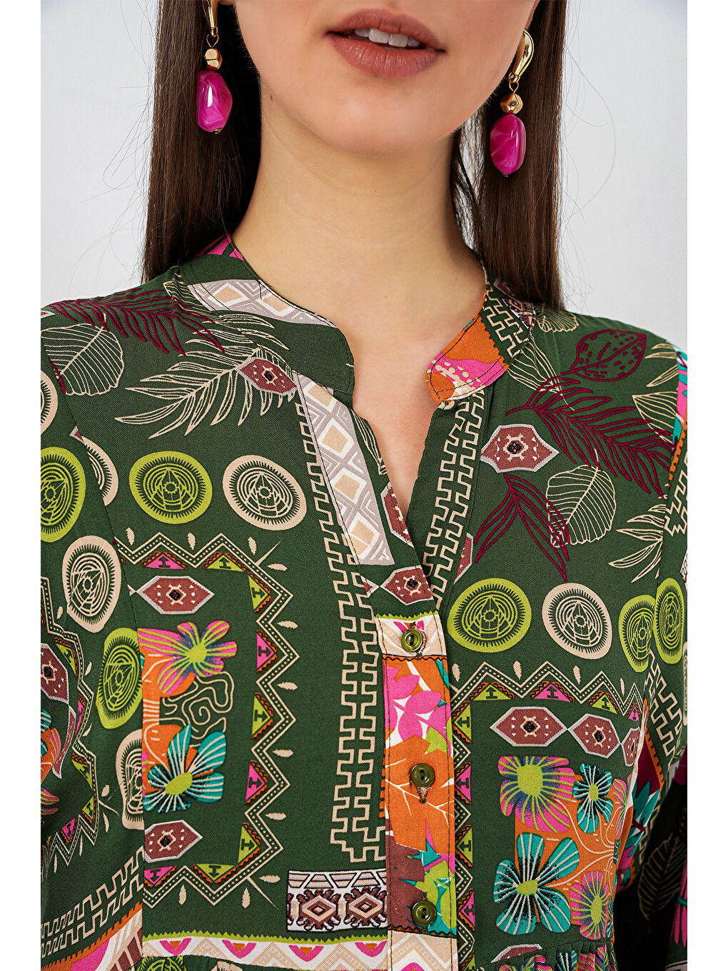 Kadın Desenli Uzun Tesettür Elbise 2585 - Koyu Yeşill-3