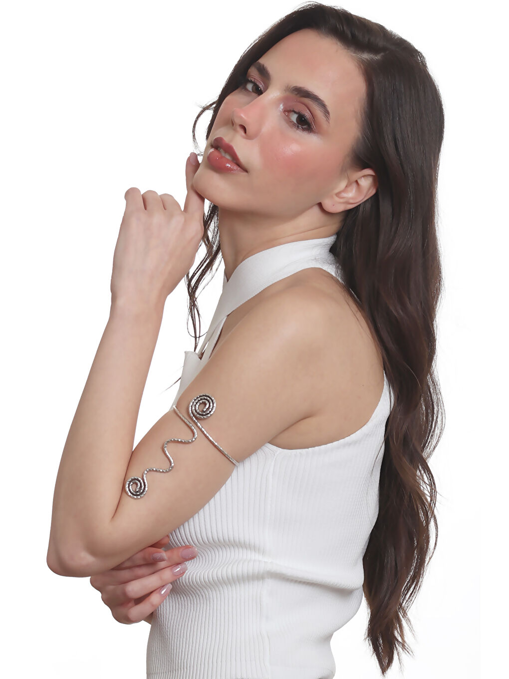 Gri Kadın Spiral Formlu Tasarım Pazu Bandı Bileklik, Üst Kol Aksesuarı-3
